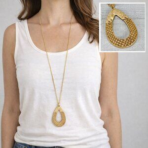 Gold Tone Long Pendant Necklace Cork Textured Teardrop Statement 30 Inch